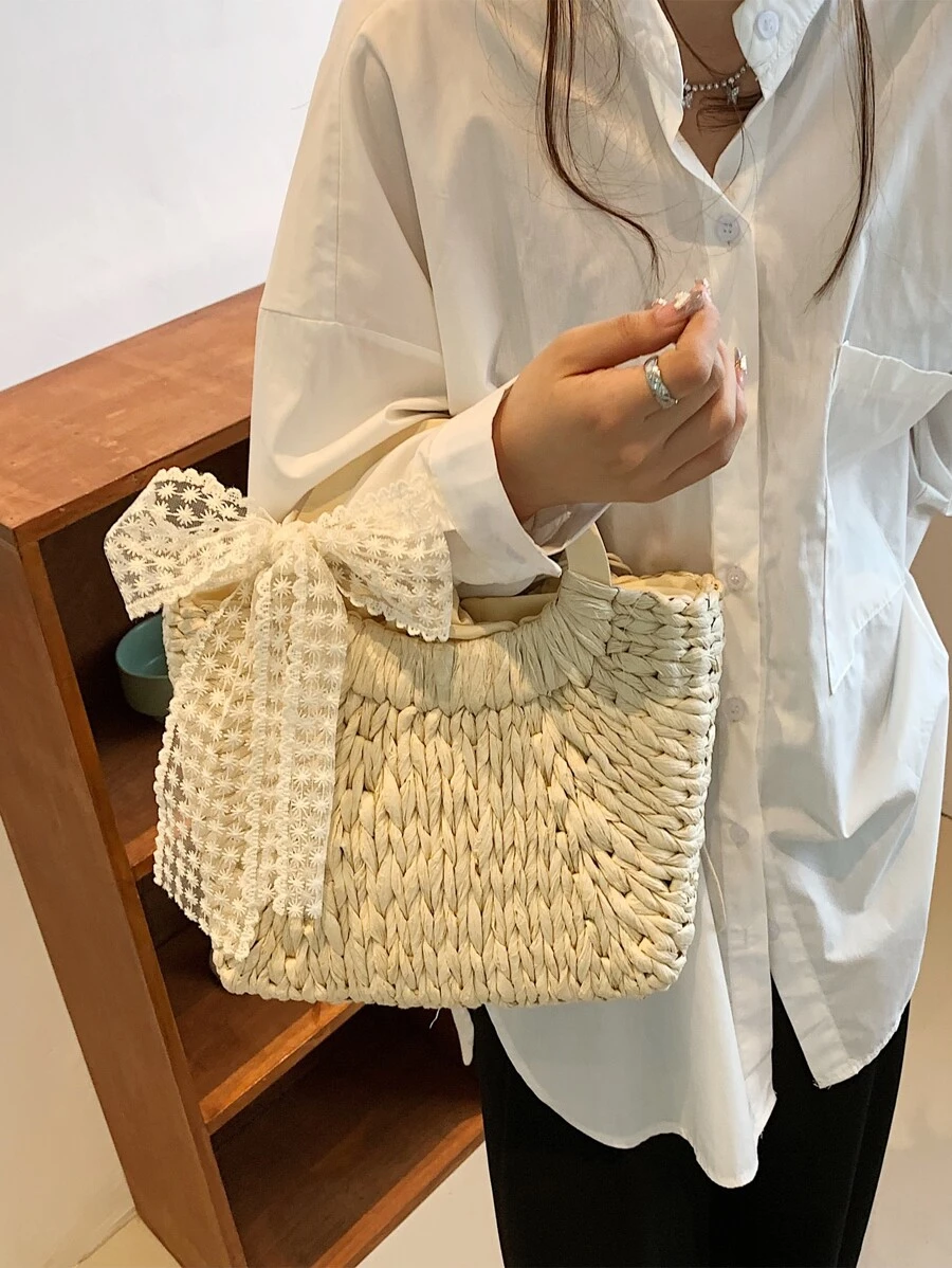 Skinny Scarf Decor Straw Bag - Beige - View 1