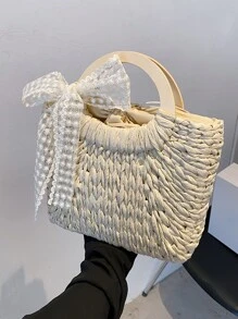Skinny Scarf Decor Straw Bag - Beige - View 2