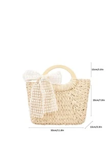 Skinny Scarf Decor Straw Bag - Beige - View 3