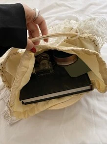 Skinny Scarf Decor Straw Bag - Beige - View 4