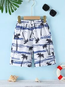 SHEIN 青少年男孩度假椰子树印花沙滩短裤 - 白色 - 查看 1