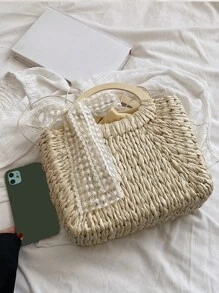 Skinny Scarf Decor Straw Bag - Beige - View 5