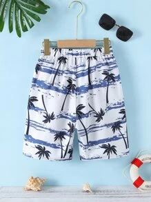 SHEIN 青少年男孩度假椰子树印花沙滩短裤 - 白色 - 查看 2
