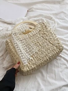Skinny Scarf Decor Straw Bag - Beige - View 8