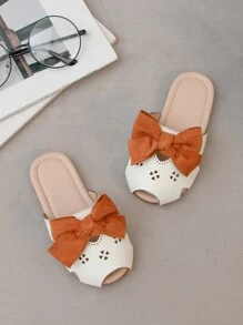 Girls Cut Out Bow Decor Two Tone Slides, Preppy Slippers - Beige - View 1