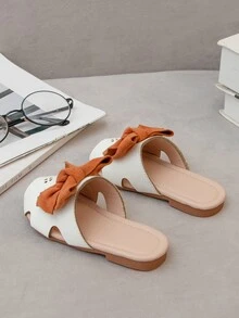 Girls Cut Out Bow Decor Two Tone Slides, Preppy Slippers - Beige - View 2