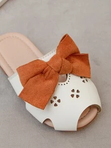 Girls Cut Out Bow Decor Two Tone Slides, Preppy Slippers - Beige - View 5