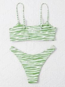 SHEIN Swim Summer Beach Zebra Stripe Bikini Set - Green - View 2
