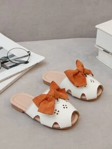 Girls Cut Out Bow Decor Two Tone Slides, Preppy Slippers - Beige - View 6