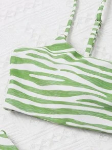SHEIN Swim Summer Beach Zebra Stripe Bikini Set - Green - View 3