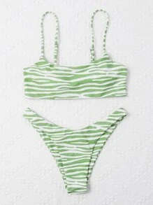 SHEIN Swim Summer Beach Zebra Stripe Bikini Set - Green - View 5