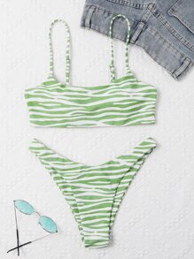 SHEIN Swim Summer Beach Zebra Stripe Bikini Set - Green - View 6