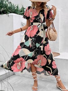 SHEIN VCAY Vestido cruzado con estampado floral bajo con fruncido