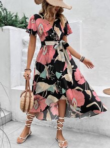 SHEIN VCAY Vestido cruzado con estampado floral bajo con fruncido