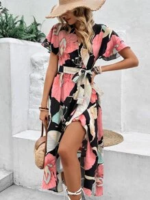 SHEIN VCAY Vestido cruzado con estampado floral bajo con fruncido
