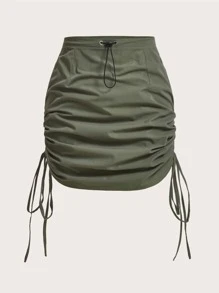 SHEIN EZwear Plus Gorpcore Drawstring Waist Ruched Tie Side Skirt - Army Green - View 1