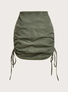 SHEIN EZwear Plus Gorpcore Drawstring Waist Ruched Tie Side Skirt - Army Green - View 2