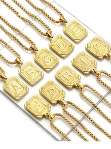 男士字母細節幾何吊墜項鍊 - 金黃色 - 查看 2