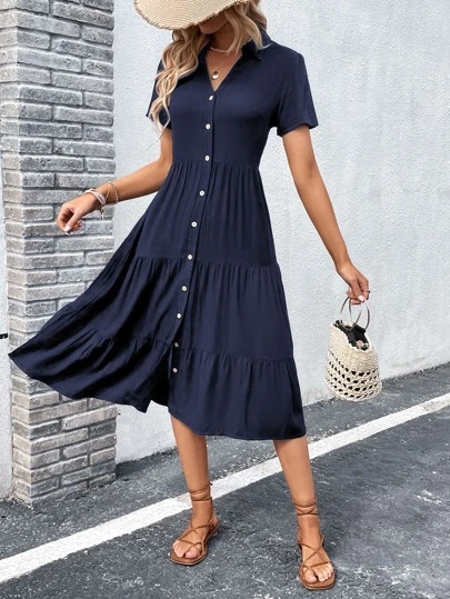 Breezaya 素色前紐扣荷葉邊襯衫連衣裙