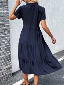 Breezaya Solid Button Front Ruffle Hem Shirt Dress Maxi Vacation Beach Outfits Women - Navy Blue - View 2