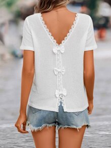 SHEIN LUNE Guipure Lace Trim Bow Back Waffle Knit Tee - White - View 5