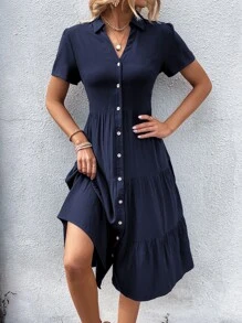 Breezaya Solid Button Front Ruffle Hem Shirt Dress Maxi Vacation Beach Outfits Women - Navy Blue - View 4