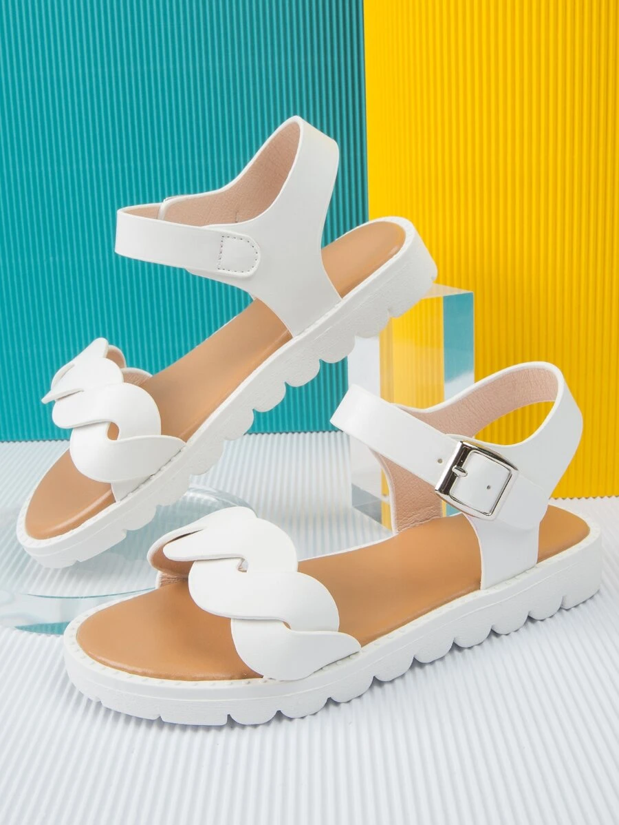 女孩防滑扭結細節搭扣裝飾平底時尚踝帶平底涼鞋 - 白色 - 查看 1