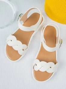 女孩防滑扭結細節搭扣裝飾平底時尚踝帶平底涼鞋 - 白色 - 查看 2