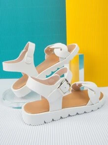 女孩防滑扭結細節搭扣裝飾平底時尚踝帶平底涼鞋 - 白色 - 查看 4