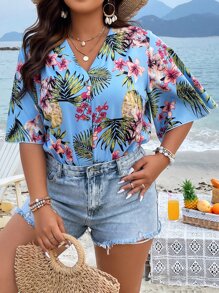 SHEIN Holidaya Áo liền quần chặt Kích thước lớn Nút phía trước Nhiệt đới Boho - Nhiều màu - Xem 1