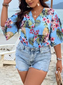 SHEIN Holidaya Áo liền quần chặt Kích thước lớn Nút phía trước Nhiệt đới Boho - Nhiều màu - Xem 6