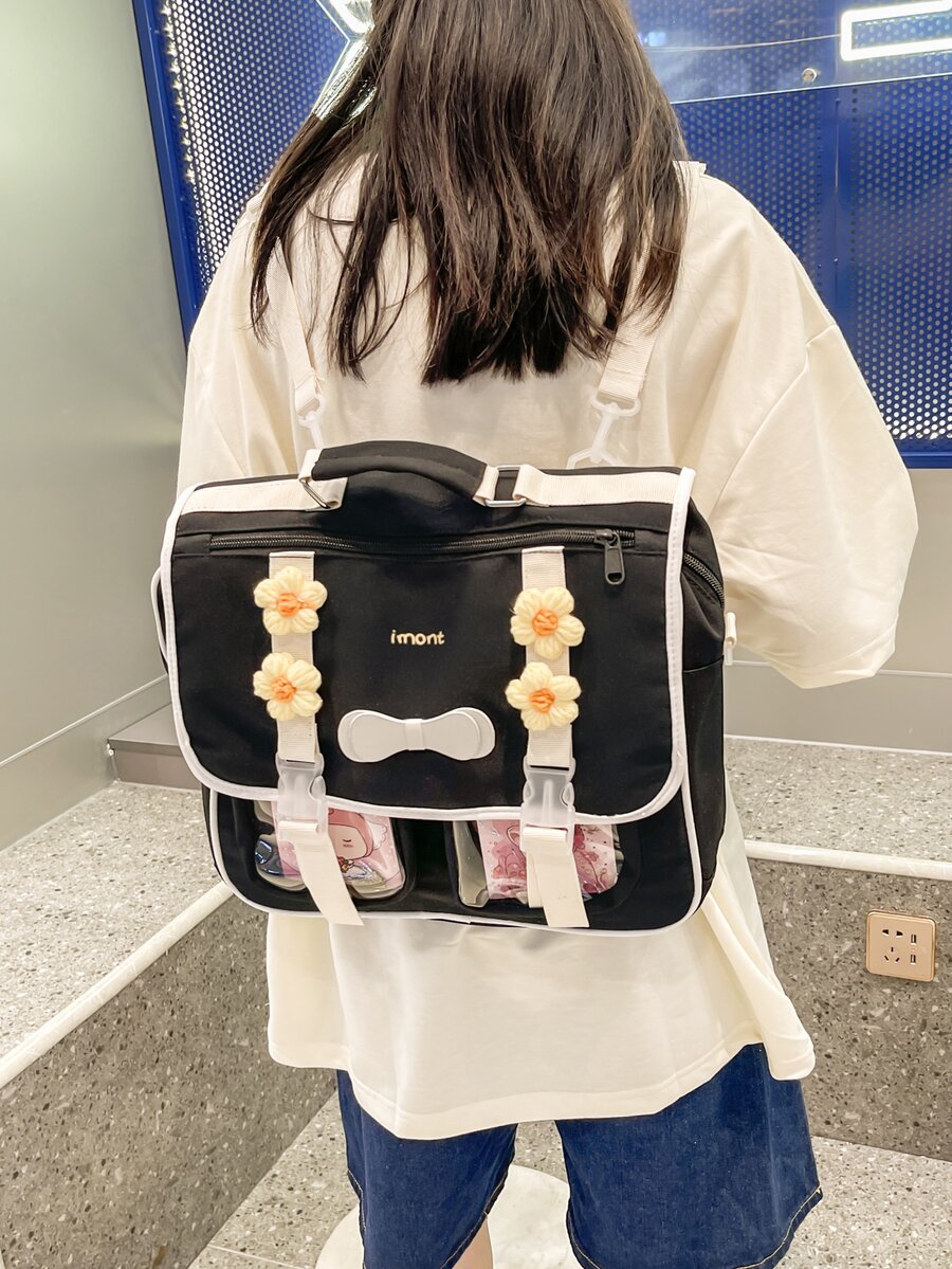 Mochila con solapa con estampado de letra con diseño de flor - Negro - Ver 1
