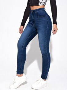 SHEIN Essnce 斜口袋緊身牛仔褲 - 深色水洗藍 - 查看 3