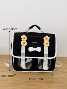 Mochila con solapa con estampado de letra con diseño de flor - Negro - Ver 6