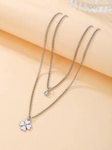 2pcs/set Four Leaf Clover Charm Necklace - Silver - View 1