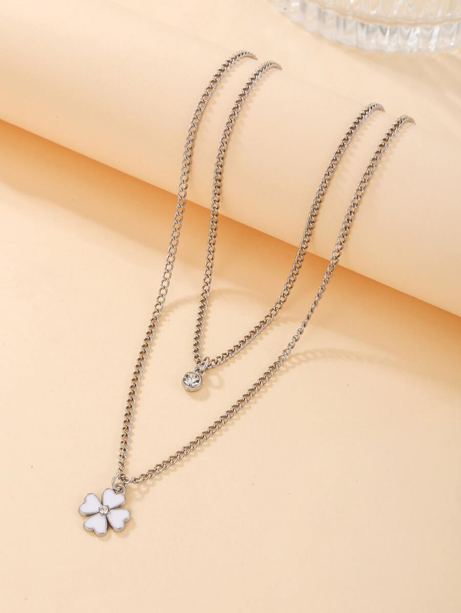 2pcs/set Four Leaf Clover Charm Necklace - Silver - View 1