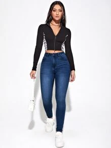 SHEIN Essnce 斜口袋緊身牛仔褲 - 深色水洗藍 - 查看 4