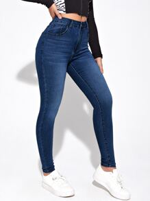 SHEIN Essnce 斜口袋緊身牛仔褲 - 深色水洗藍 - 查看 5