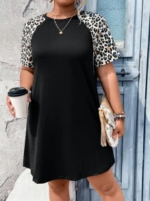 SHEIN LUNE Plus Leopard Print Raglan Sleeve Tee Dress - Black - View 1