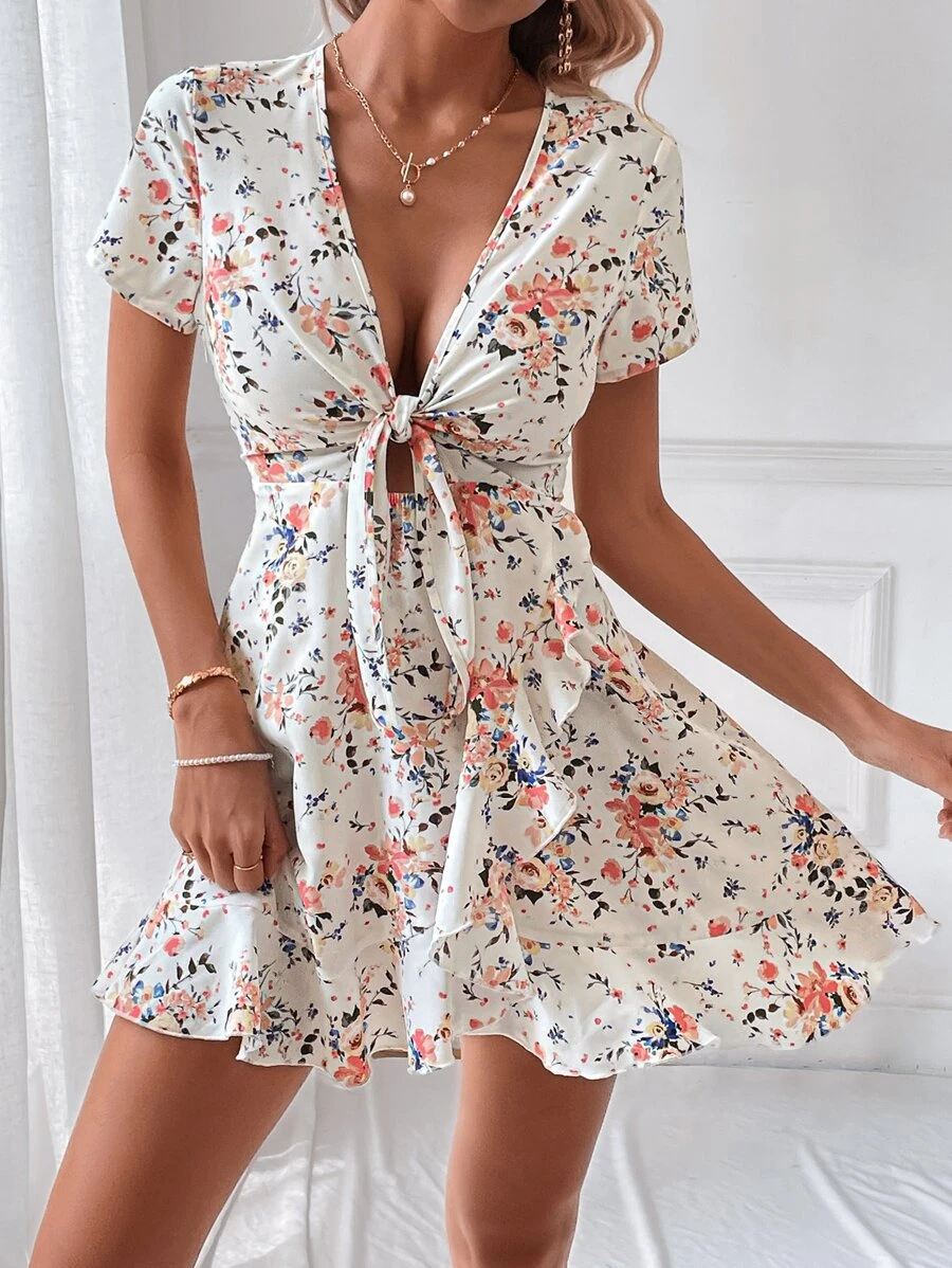 SHEIN VCAY Đầm Xù Thắt nơ trước Hoa Boho - Nhiều màu - Xem 1