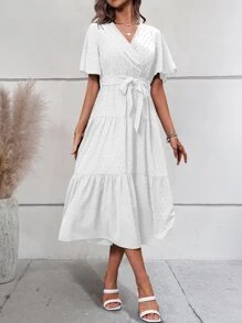 Breezaya 圓點蝴蝶袖荷葉邊繫腰帶連衣裙 - 白色 - 查看 1