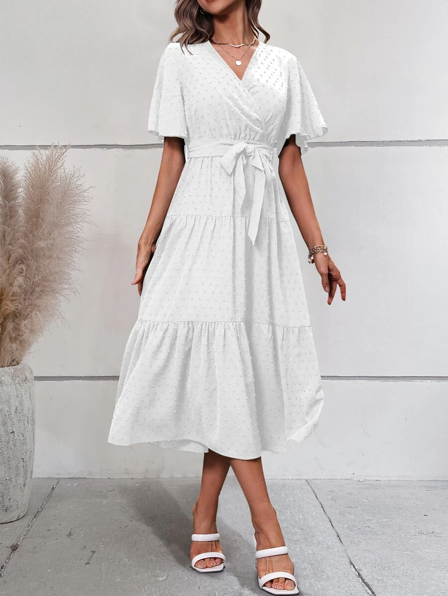 Breezaya 圓點蝴蝶袖荷葉邊繫腰帶連衣裙 - 白色 - 查看 1