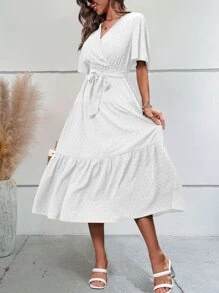 Breezaya 圓點蝴蝶袖荷葉邊繫腰帶連衣裙 - 白色 - 查看 5