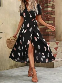SHEIN VCAY Feather Print Knot Side Wrap Dress - Multicolor - View 4