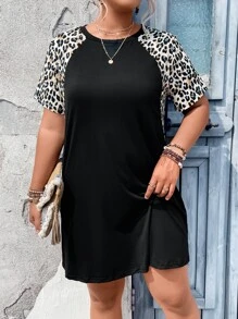 SHEIN LUNE Plus Leopard Print Raglan Sleeve Tee Dress - Black - View 5