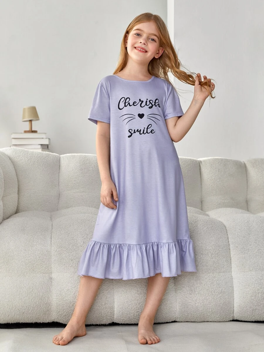 SHEIN Leap Crew Tween Girl Heart & Letter Graphic Ruffle Hem Sleep Dress - Lilac Purple - View 1