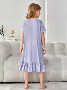 SHEIN Leap Crew Tween Girl Heart & Letter Graphic Ruffle Hem Sleep Dress - Lilac Purple - View 2