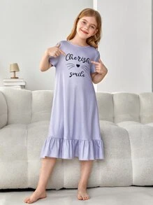 SHEIN Leap Crew Tween Girl Heart & Letter Graphic Ruffle Hem Sleep Dress - Lilac Purple - View 3