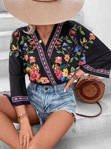 SHEIN VCAY Floral Print Surplice Neck Bodysuit - Black - View 1