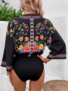 SHEIN VCAY Floral Print Surplice Neck Bodysuit - Black - View 2